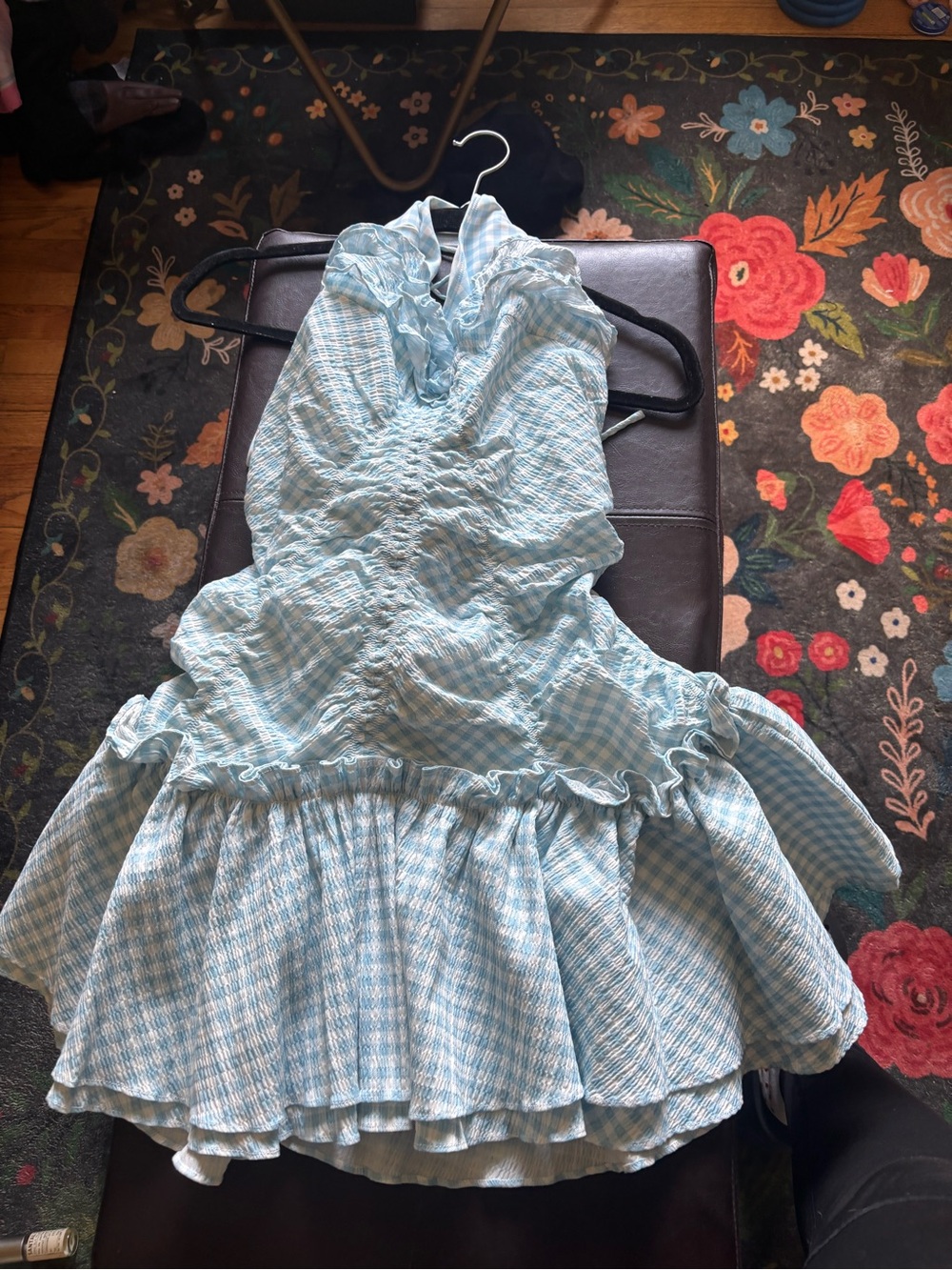 Selkie Light Blue Gingham Ruffled Halter Swim Dress - Picture 4 of 8